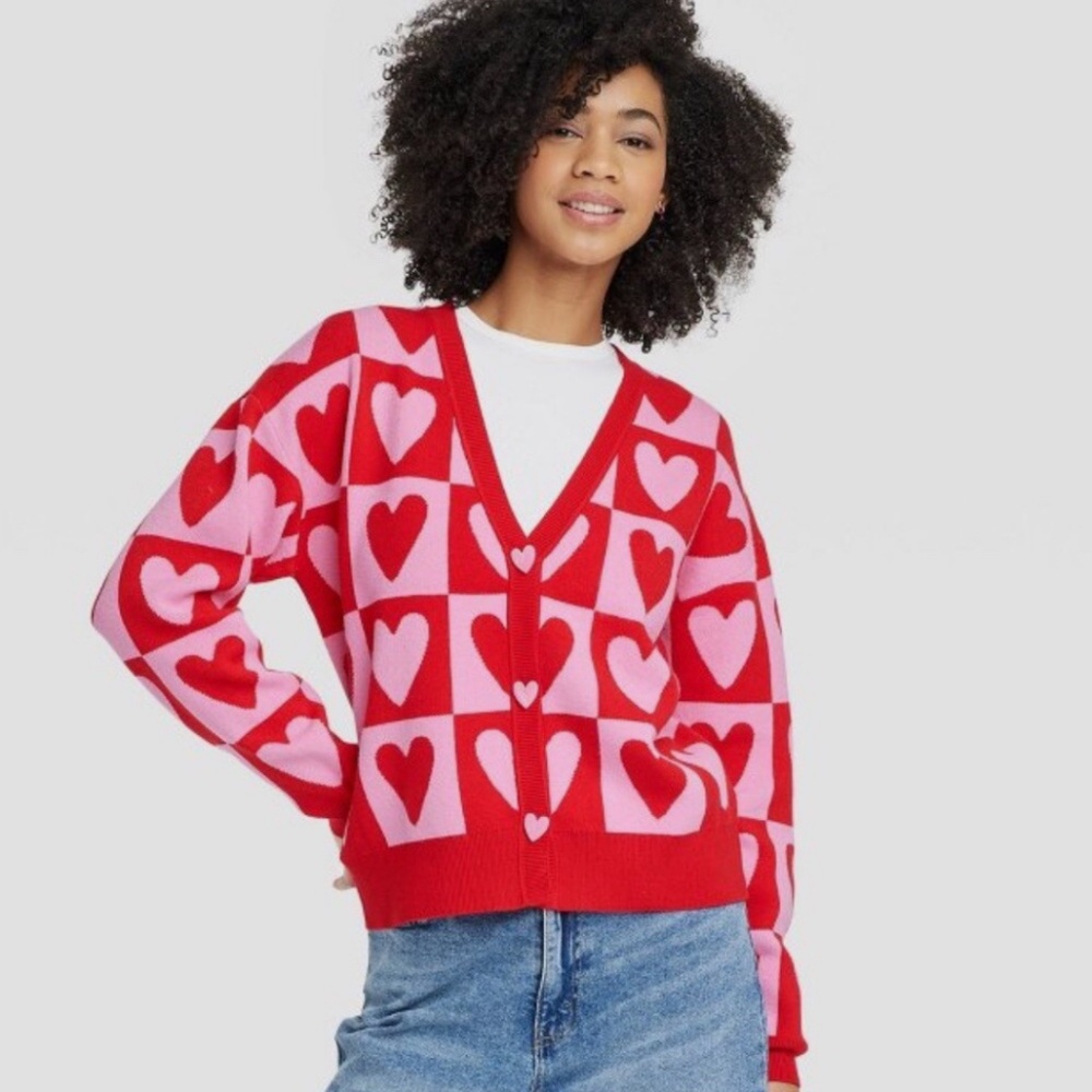 Target Heart Postage Stamp Cardigan Sweater Large Women